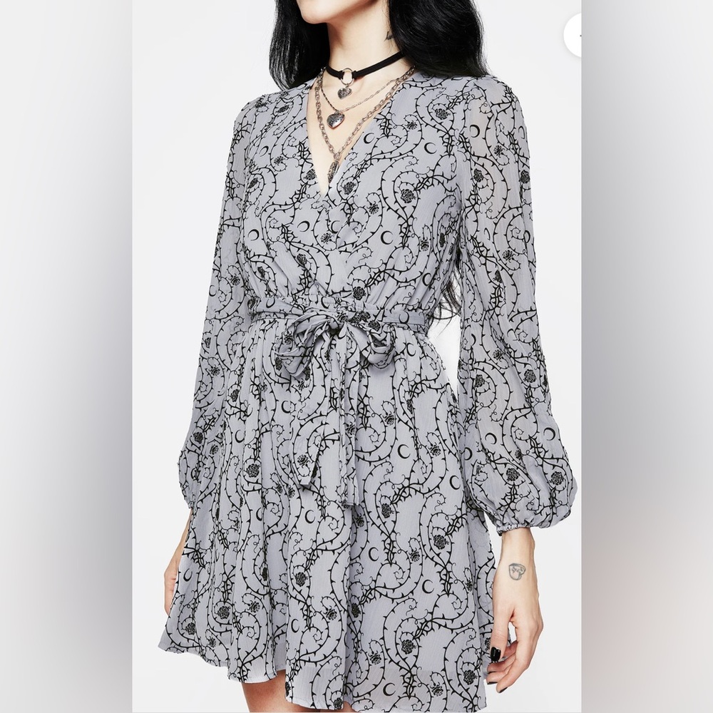 Disturbia Rosethorn Flocked Velour Chiffon Faux Wrap Mini Dress